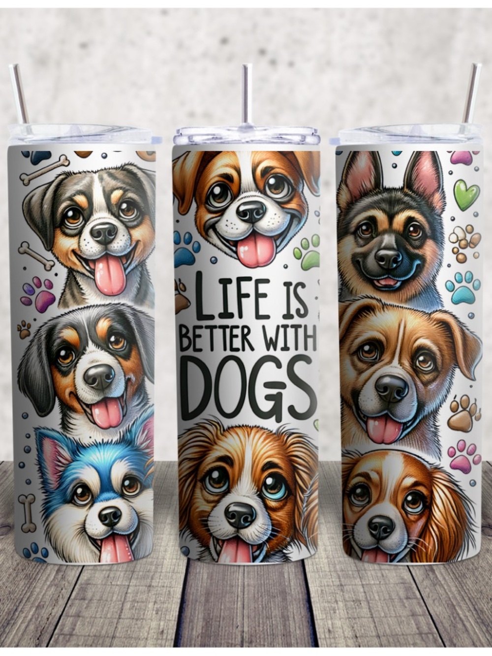 Hand Crafted White Tumbler with Colorful Dog Portraits